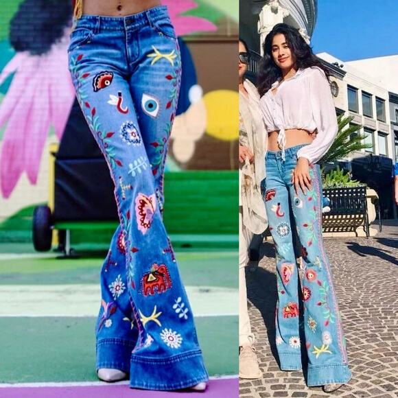 Alice + Olivia Rylie Embroidered Low Rise Bell Bottom/Flare Jeans Blue Size 24 - Picture 1 of 13